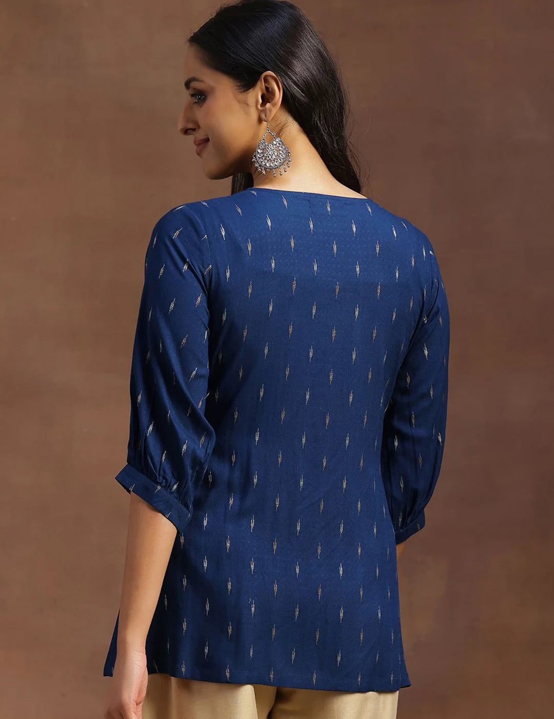 Blue Woven Design Cotton Blend A-line Kurti