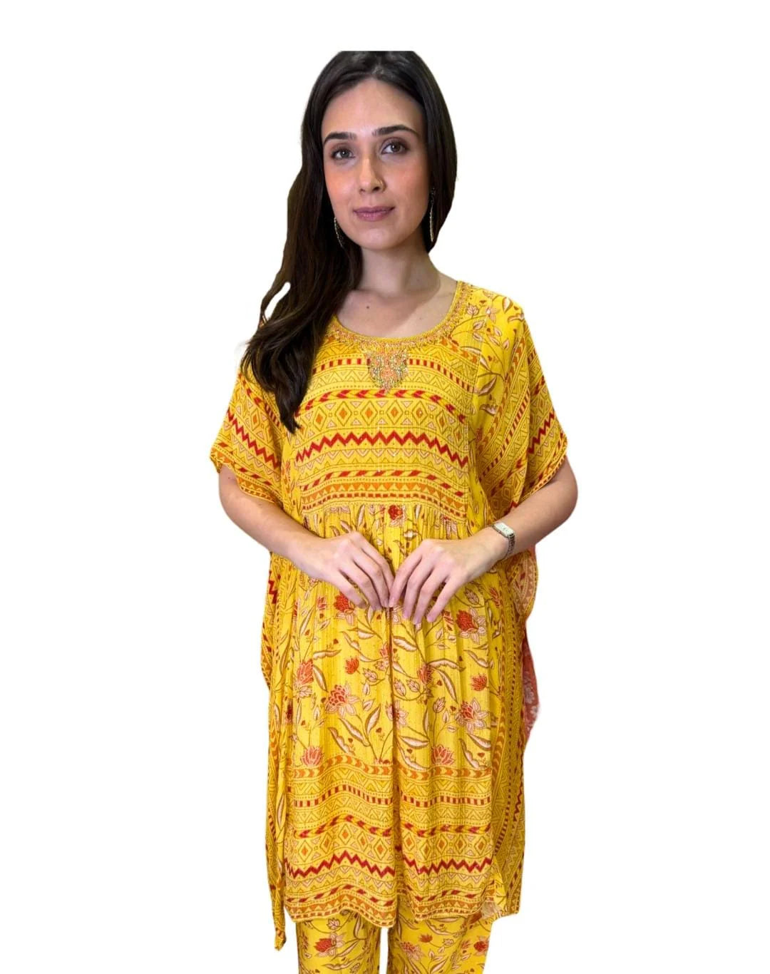 Yellow Printed Chinnon Co-ords